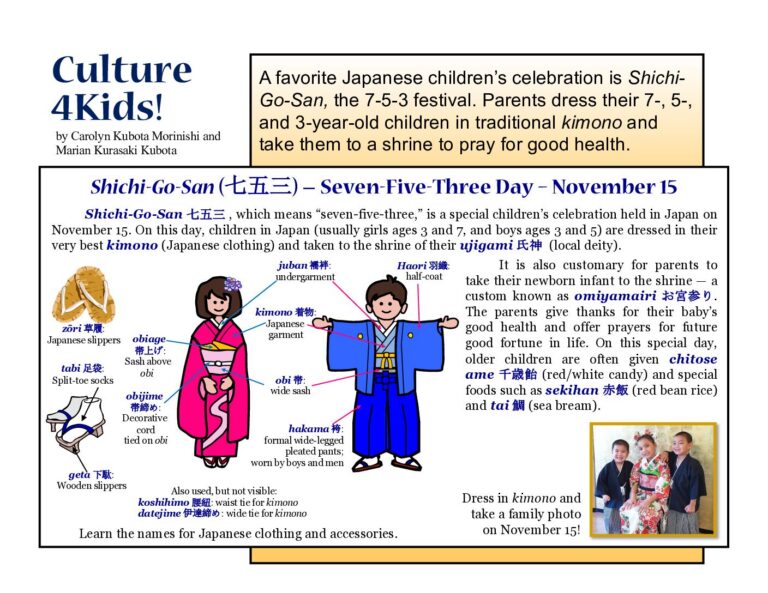 Culture 4Kids! Shichi-Go-San page showing a girl in a pink kimono and a boy in a blue hakama, labeled with Japanese clothing names
